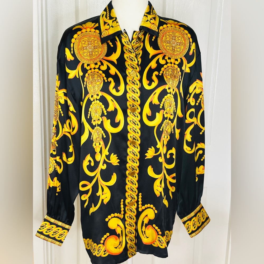 Escada Blouse Rare Vintage Baroque Black Gold Long Sleeve Size 40 8 US 100% Silk